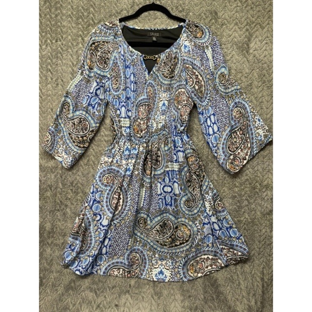 Spense Blue Paisley Print Bell Sleeve Dress with Chain Detail Size 4 0726